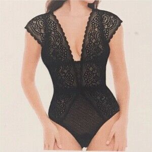 Sophie B Lace Bodysuit Lingerie Size Medium Lace Removable Pads Plunge Neck